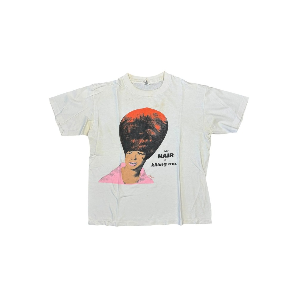 Stanley Desantis T-Shirt Mens Small White Good 80s My Hair is Killing Me Graphic